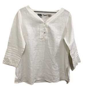 EDWARD 100% Irish Linen Top Blouse Crochet  3/4 Sleeves V-Neck White M.